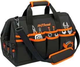 15 Inch Tool Bag with16 Pockets, Foldable Close Top Wide Mouth Tool Bag Organizer with Handle & Padded Adjustable Strap, Bag for Men Heavy Duty, Waterproof, Black & Orange