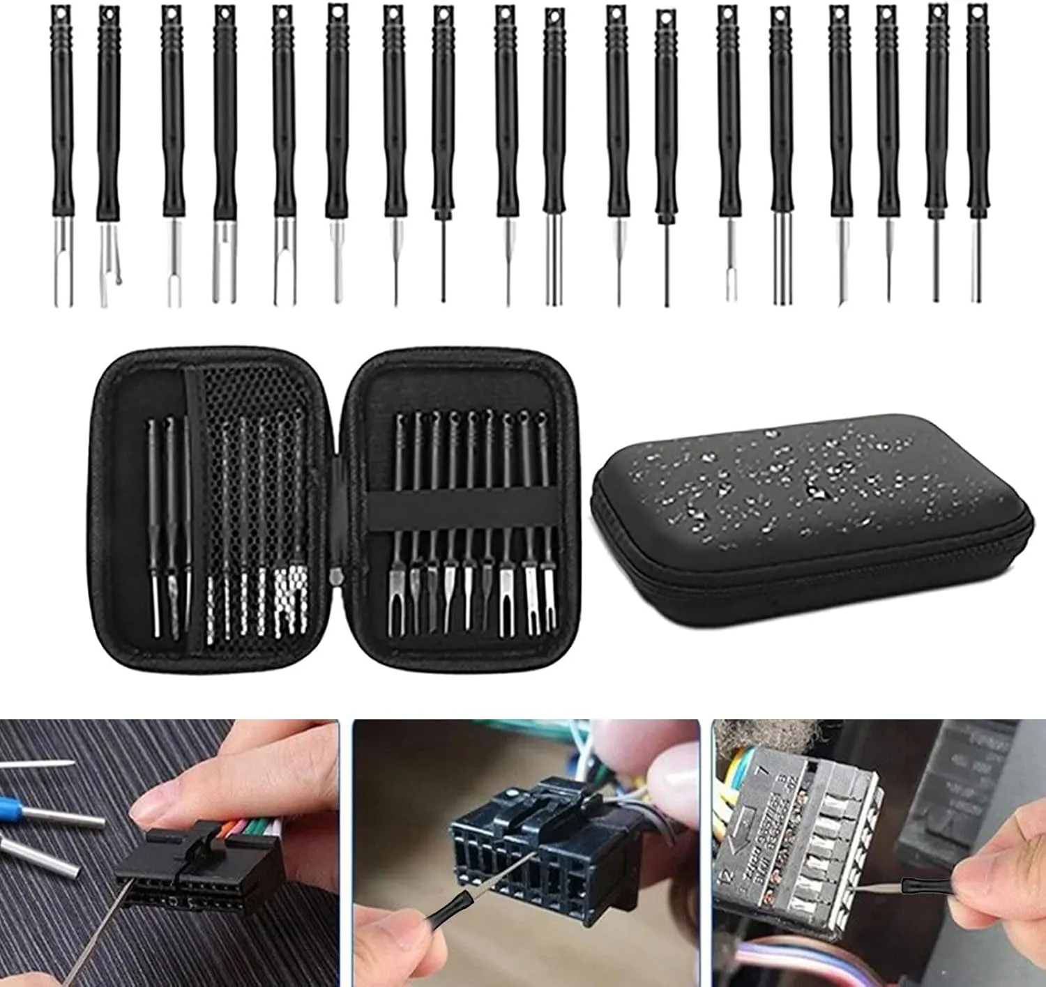 18 PCS Automotive Wiring Harness Terminal Extraction Needle Set, Multi-Specs Terminal Disassembly Tool with Non-Slip Handle, with Storage Bag, Universal for Cars Repair Puller (Black)