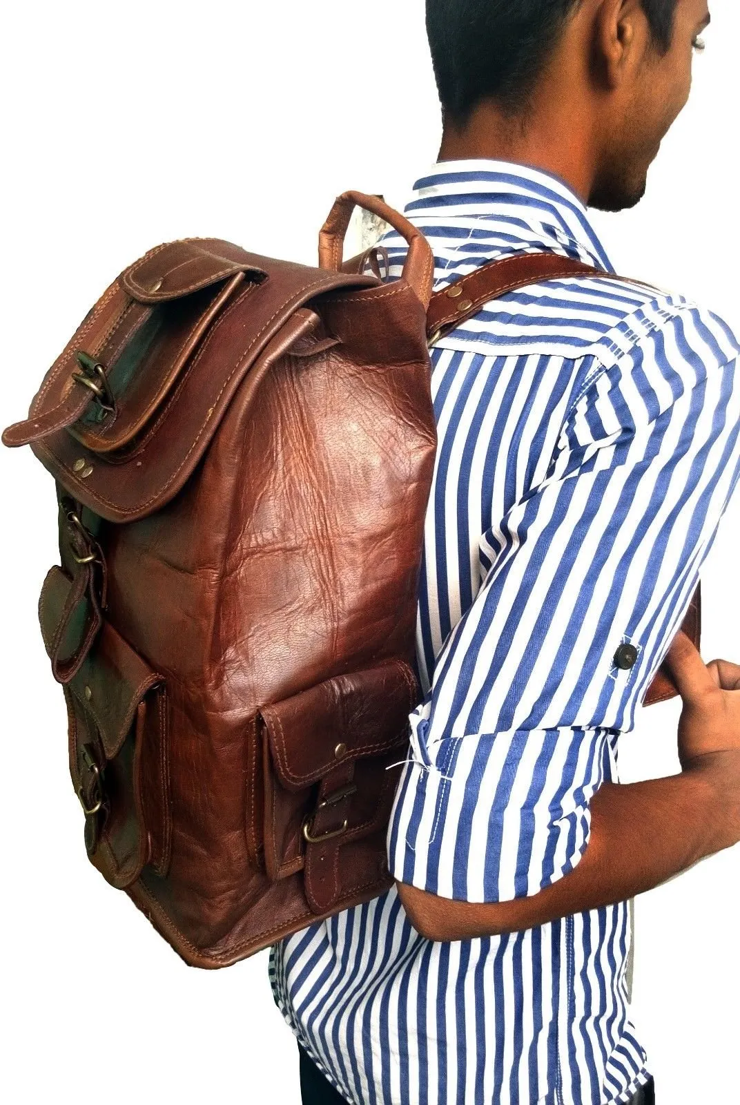 18" Leather Backpack Travel rucksack knapsack daypack Bag for men women