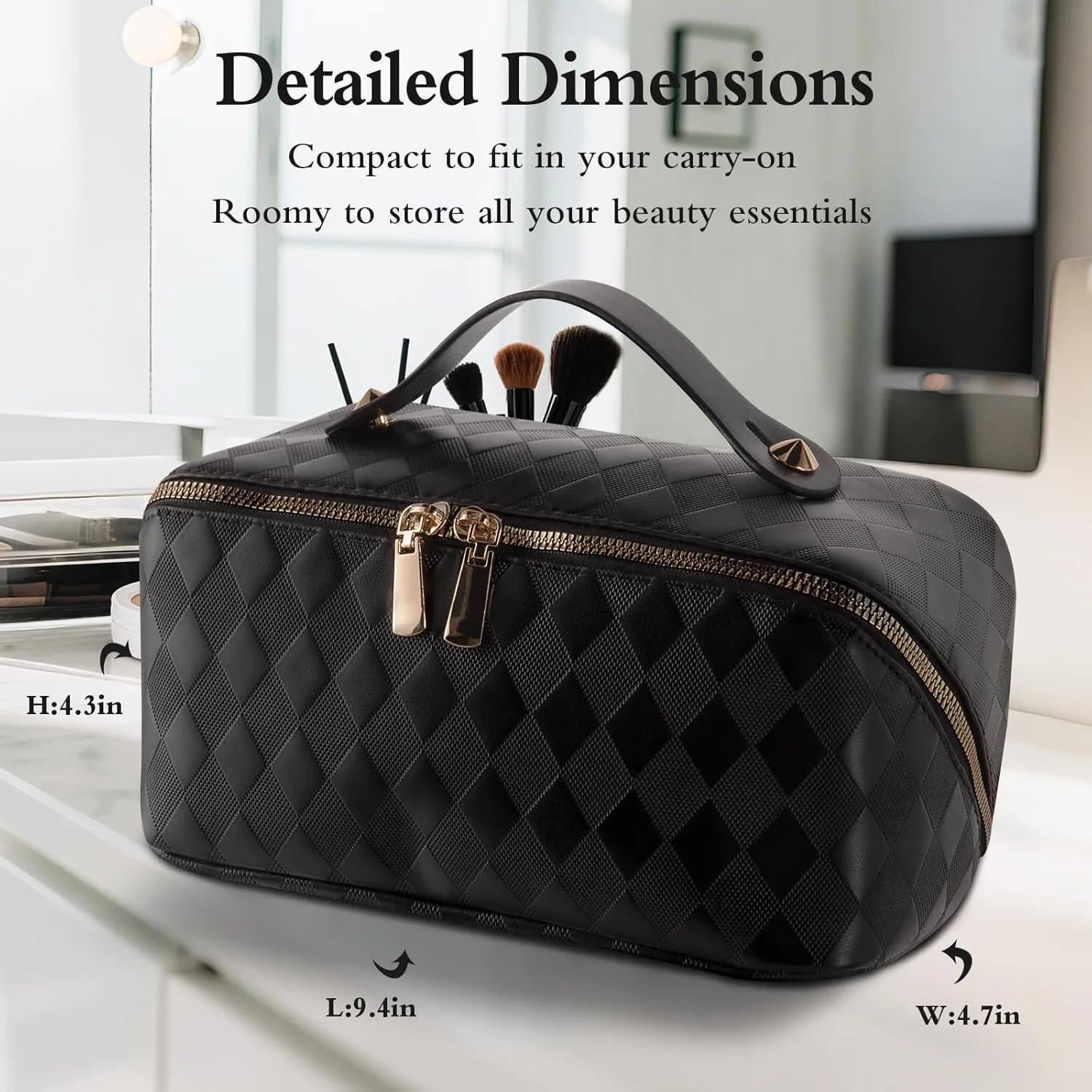 Abiudeng Travel Makeup Bag,Large Capacity Toiletry Bag Cosmetic Bags for Travel Essentials,Waterproof Portable Pouch Open Flat Makeup bag Organizer with Divider and Handle-black rhombus