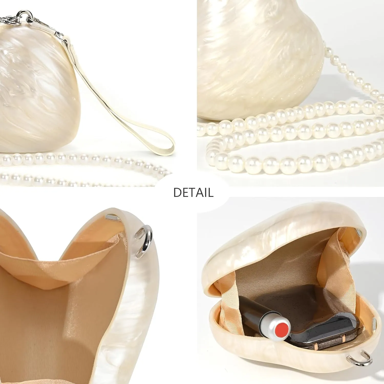 Acrylic Clutch Purse,Women Clutch Pearl Handbag Wedding Guest Evening Bag Bride Pearl Chain Dress Seashell Mini Purse