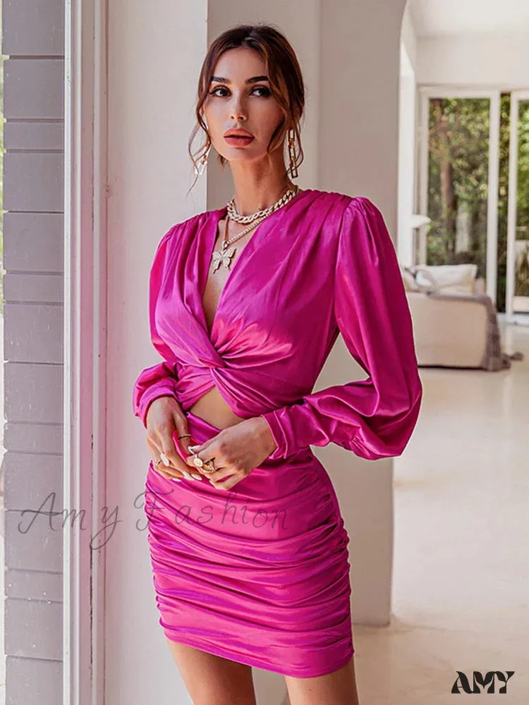 Amy Fashion - Elegant chic lantern sleeve satin dress