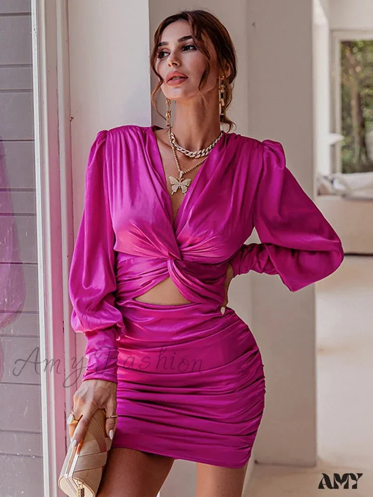 Amy Fashion - Elegant chic lantern sleeve satin dress