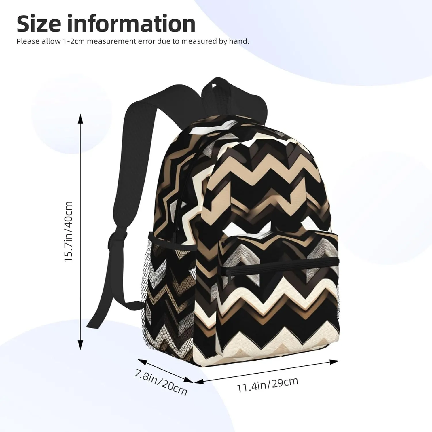 Black White Tan Zigzag Print Backpack For Women Men, Laptop Bookbag,Lightweight Casual Travel Daypack