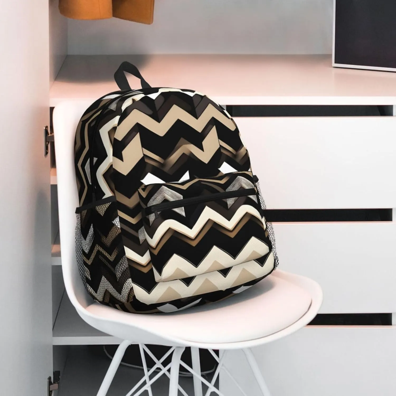 Black White Tan Zigzag Print Backpack For Women Men, Laptop Bookbag,Lightweight Casual Travel Daypack