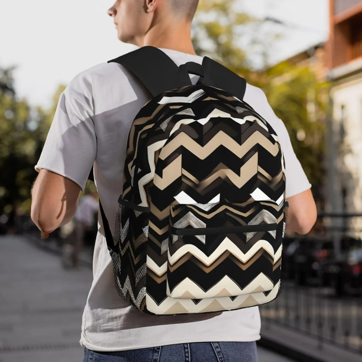 Black White Tan Zigzag Print Backpack For Women Men, Laptop Bookbag,Lightweight Casual Travel Daypack