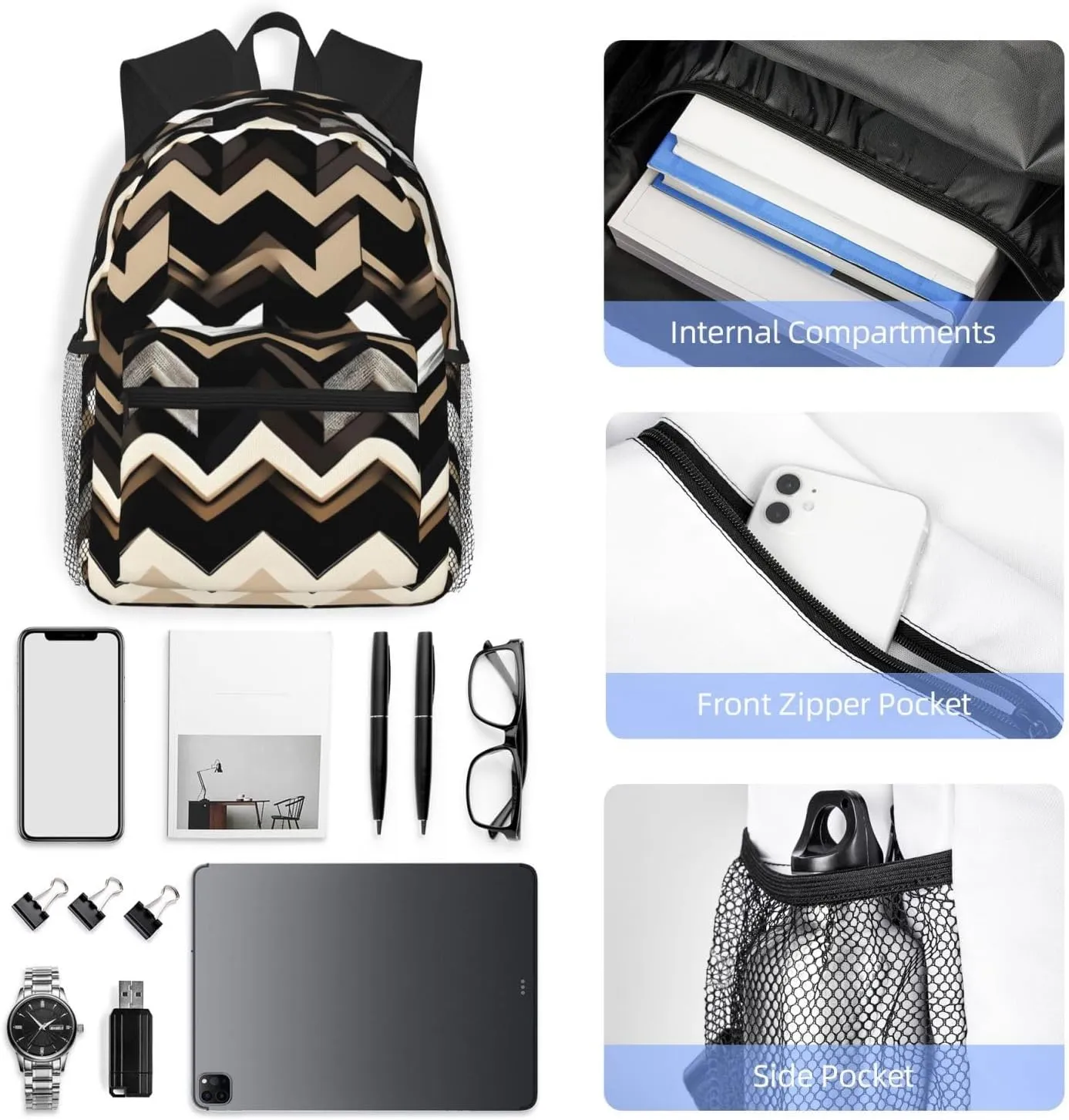 Black White Tan Zigzag Print Backpack For Women Men, Laptop Bookbag,Lightweight Casual Travel Daypack