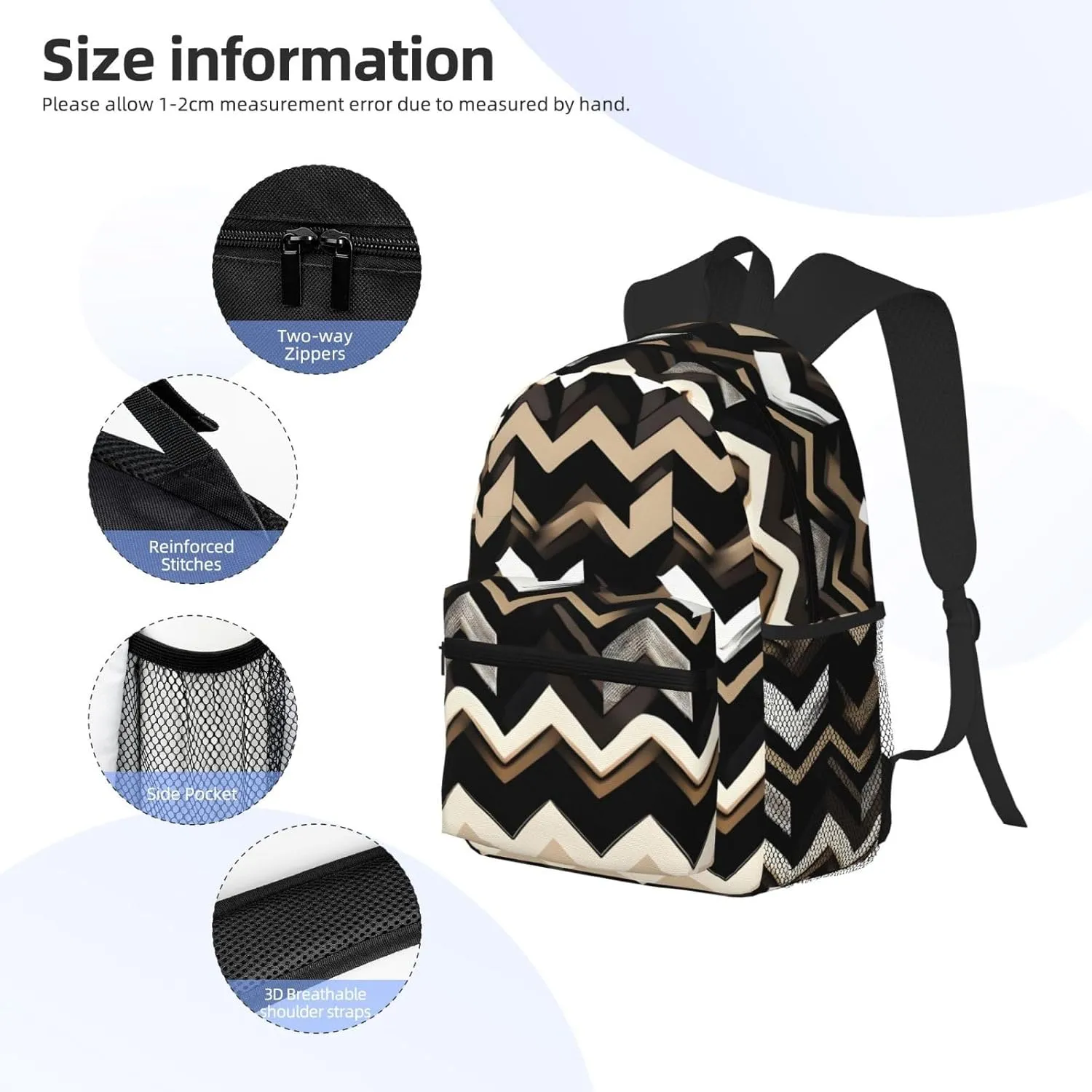 Black White Tan Zigzag Print Backpack For Women Men, Laptop Bookbag,Lightweight Casual Travel Daypack