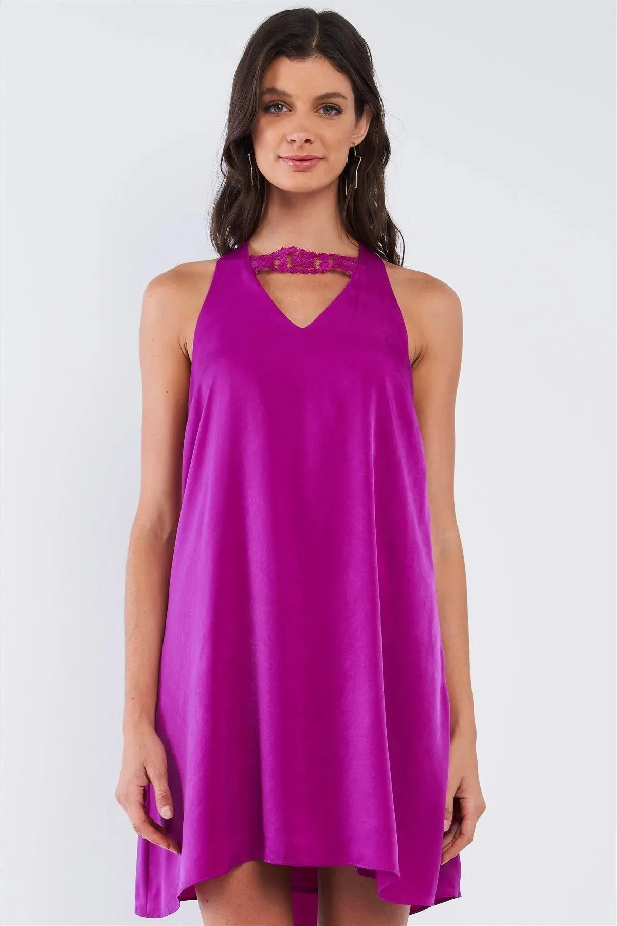 Byzantium Violet Purple Satin Silky Relaxed Fit V-Neck Chest Crochet Accent Halter Self-Tie Open Back Tube Mini Dress /1-2-2-1