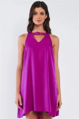 Byzantium Violet Purple Satin Silky Relaxed Fit V-Neck Chest Crochet Accent Halter Self-Tie Open Back Tube Mini Dress /1-2-2-1