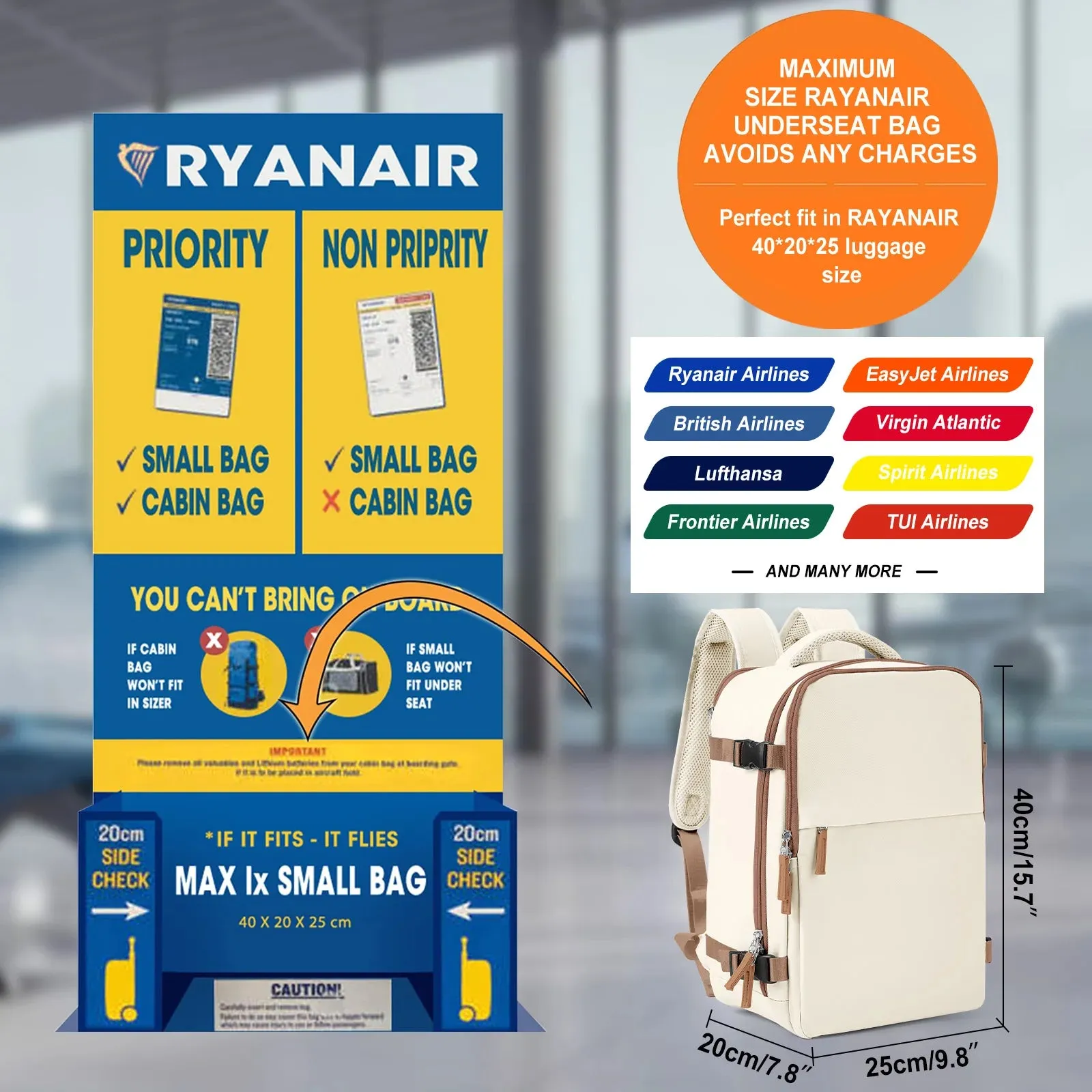 Cabin Bag 40x20x25 Ryanair Backpack – EasyJet Carry-On Luggage
