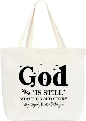 Canvas Tote Bag, God Still Writing Your Story Tote Bag,Minimalist Gift Tote, Inspirational Christian Tote Bag, Reusable Grocery Shopping Bag, Library Shoulder Bag For Women Man Sister Friends C(29)