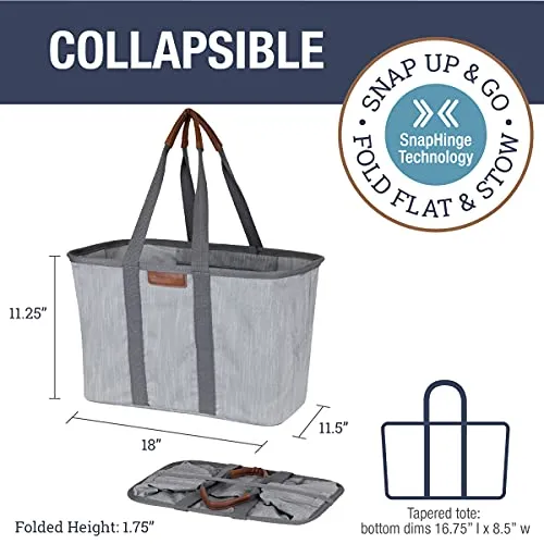 CleverMade 30L SnapBasket LUXE - Reusable Collapsible Durable Grocery Shopping Bag - Heavy Duty Large Structured Tote, Heather Grey