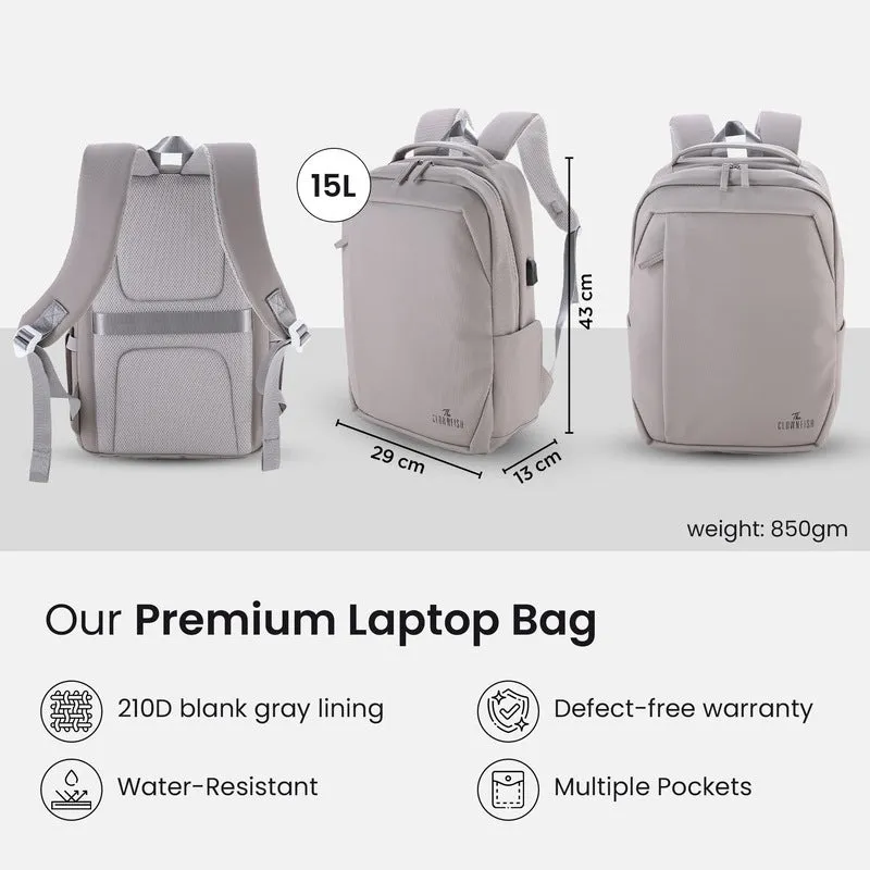 Clownfish Laptop Bag - Stylish, Water-Resistant Backpack with USB Port | 17inch | Grey