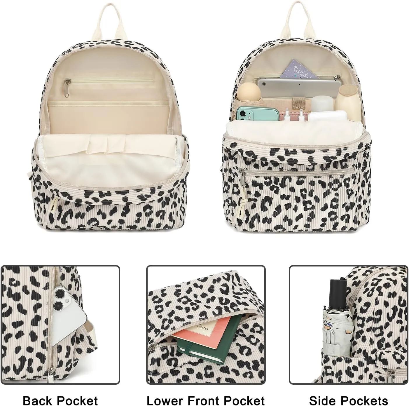 Corduroy Mini Backpack Purse for Women Girls, Fashion Small Backpack for Adults Teens Kids School Travel (Leopard)