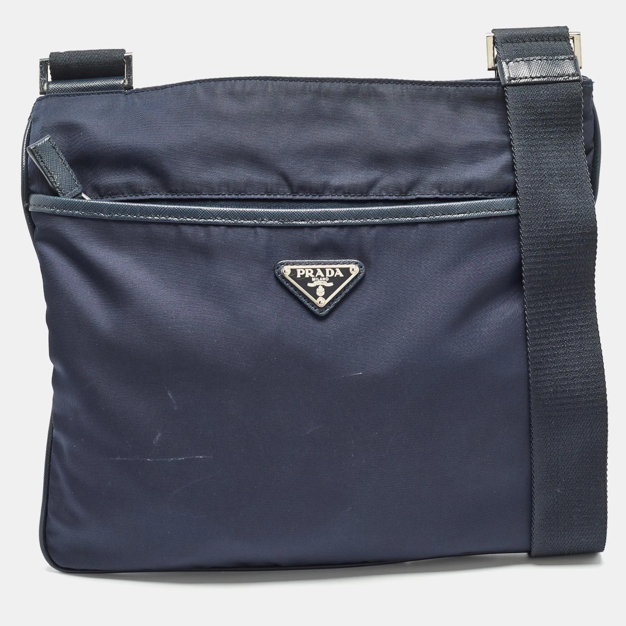 Dark Blue Nylon and Leather Zip Messenger Bag
