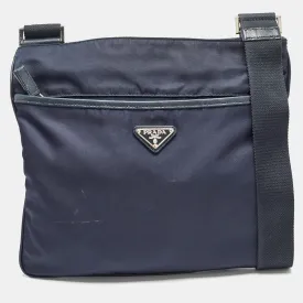 Dark Blue Nylon and Leather Zip Messenger Bag
