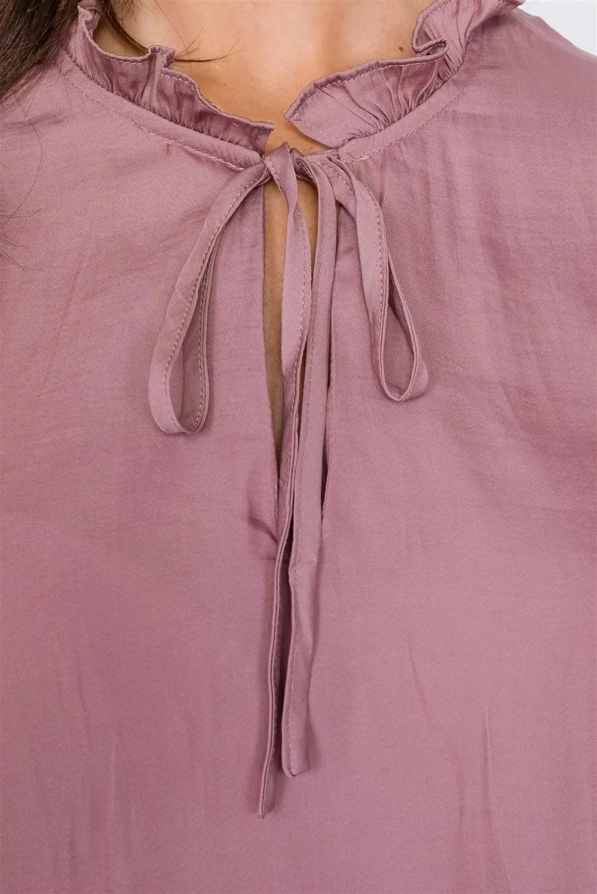 Dusty Mauve Satin Boho V-Neck Tie Flounce Trim Mini Dress /3-2-1