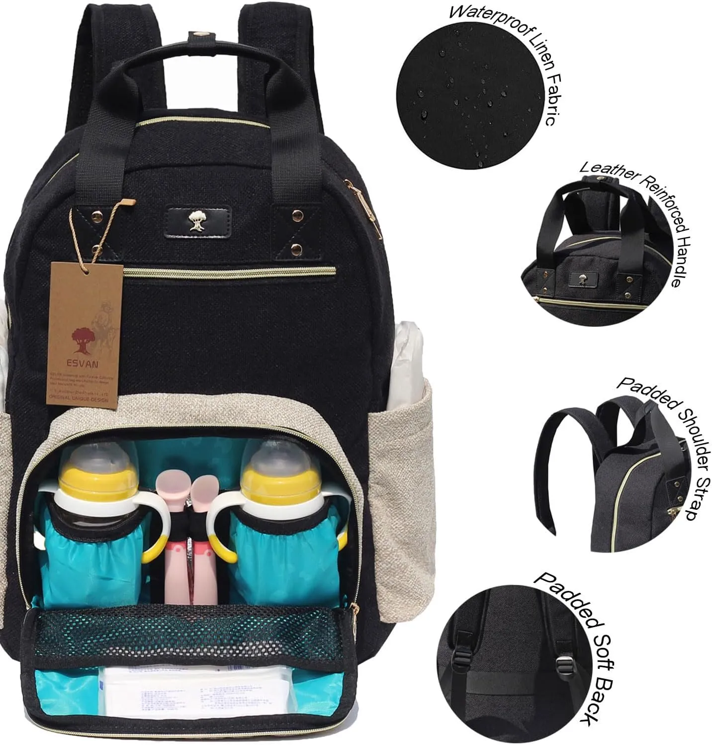 ESVAN Diaper Bag Backpack, Large Capacity Multifunction Baby Essentials Fashion Travel Pack Linen Canvas office Laptop Bag