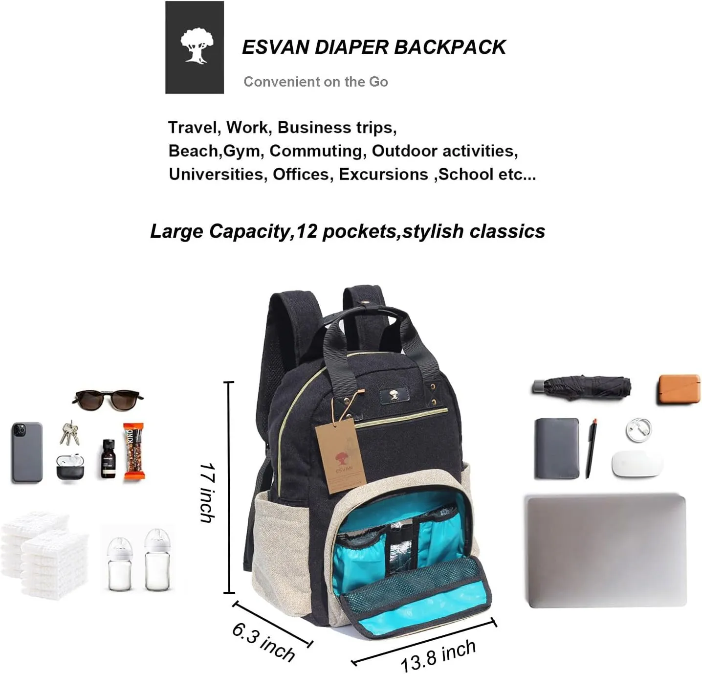 ESVAN Diaper Bag Backpack, Large Capacity Multifunction Baby Essentials Fashion Travel Pack Linen Canvas office Laptop Bag