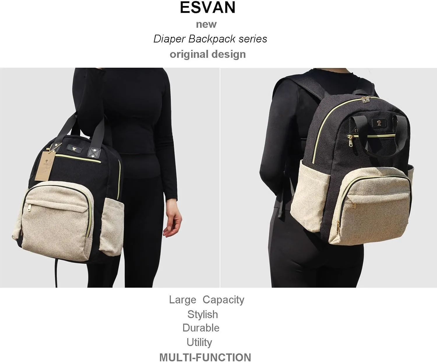 ESVAN Diaper Bag Backpack, Large Capacity Multifunction Baby Essentials Fashion Travel Pack Linen Canvas office Laptop Bag