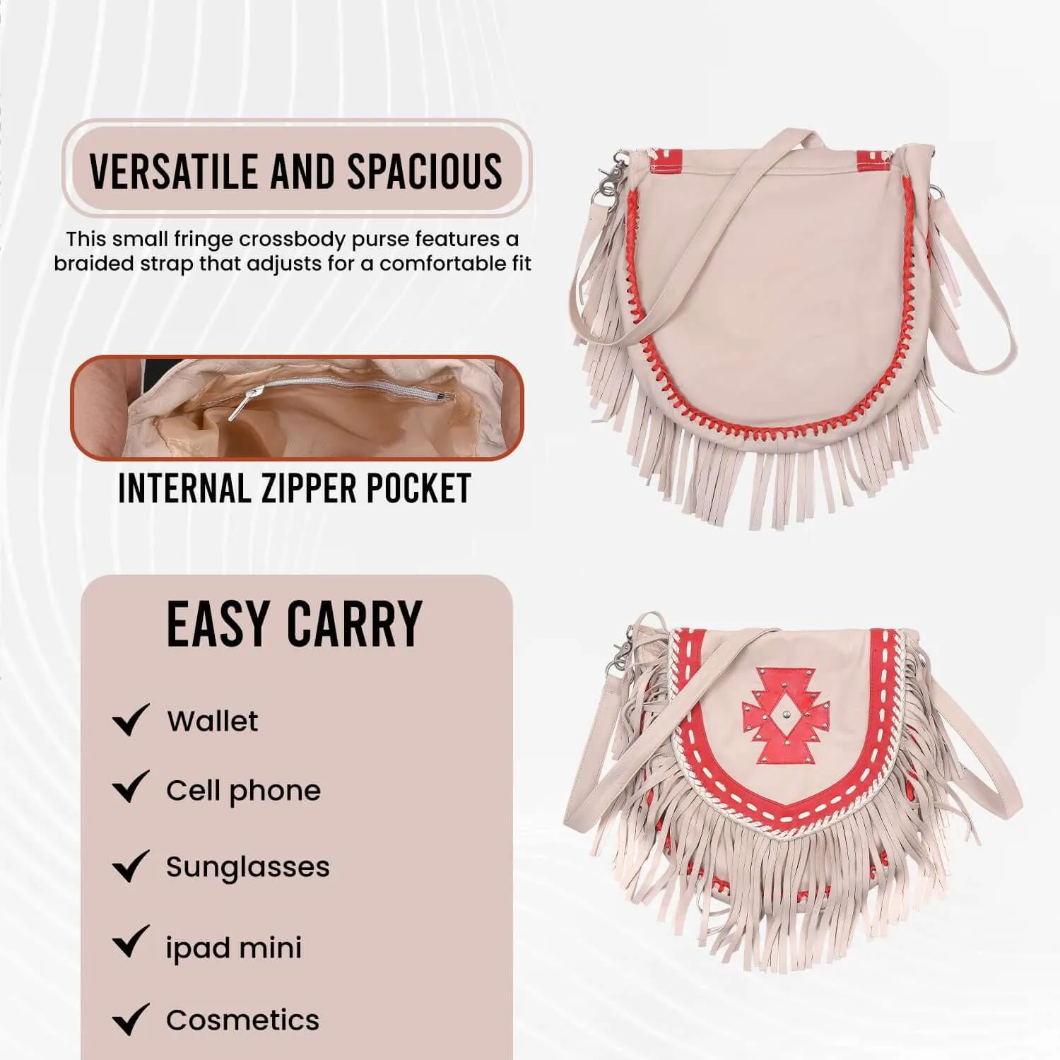 Fringe Purse Crossbody with Southwestern Embroidery - Leather Fringe Shoulder Bag for Women