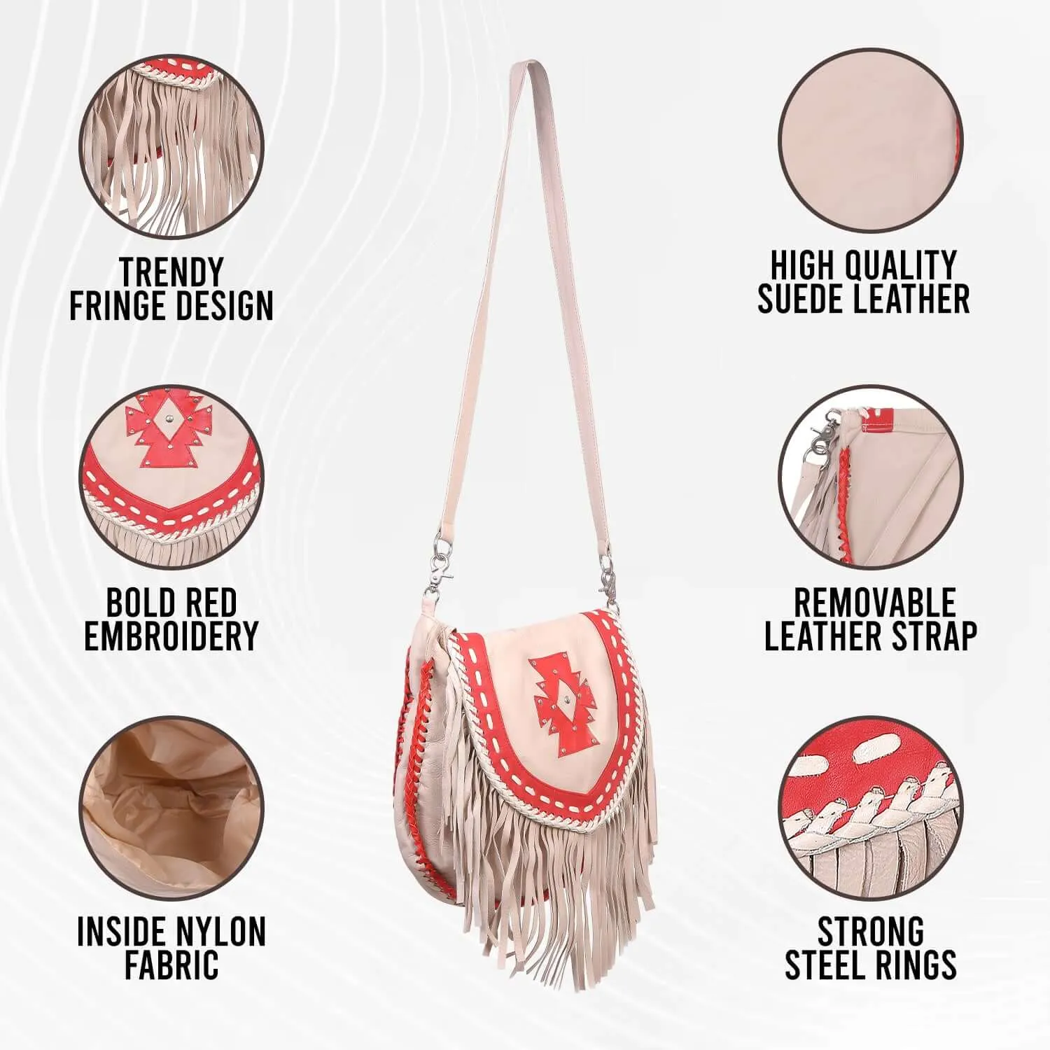 Fringe Purse Crossbody with Southwestern Embroidery - Leather Fringe Shoulder Bag for Women