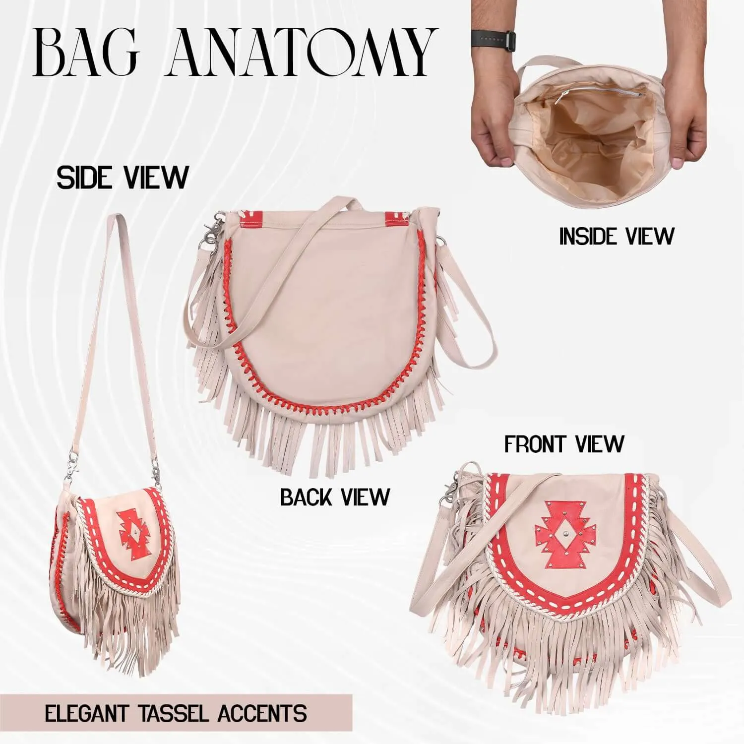 Fringe Purse Crossbody with Southwestern Embroidery - Leather Fringe Shoulder Bag for Women