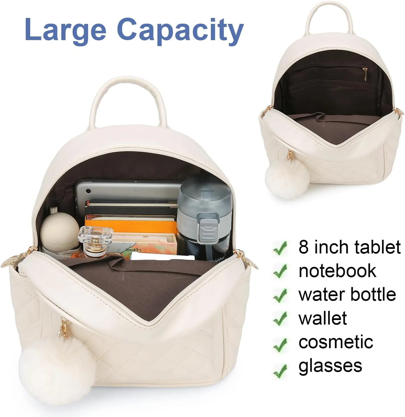 Girls Fashion Mini Backpack Purse Small Cute Plaid Leather Women Backpacks Little Bag (Ivory)