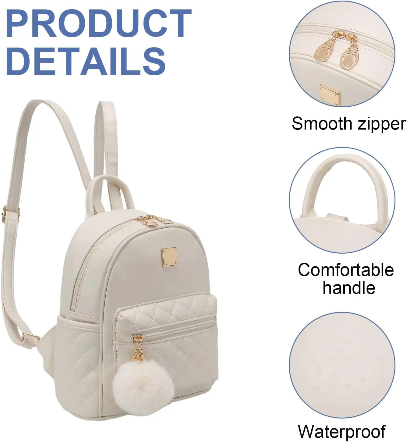 Girls Fashion Mini Backpack Purse Small Cute Plaid Leather Women Backpacks Little Bag (Ivory)