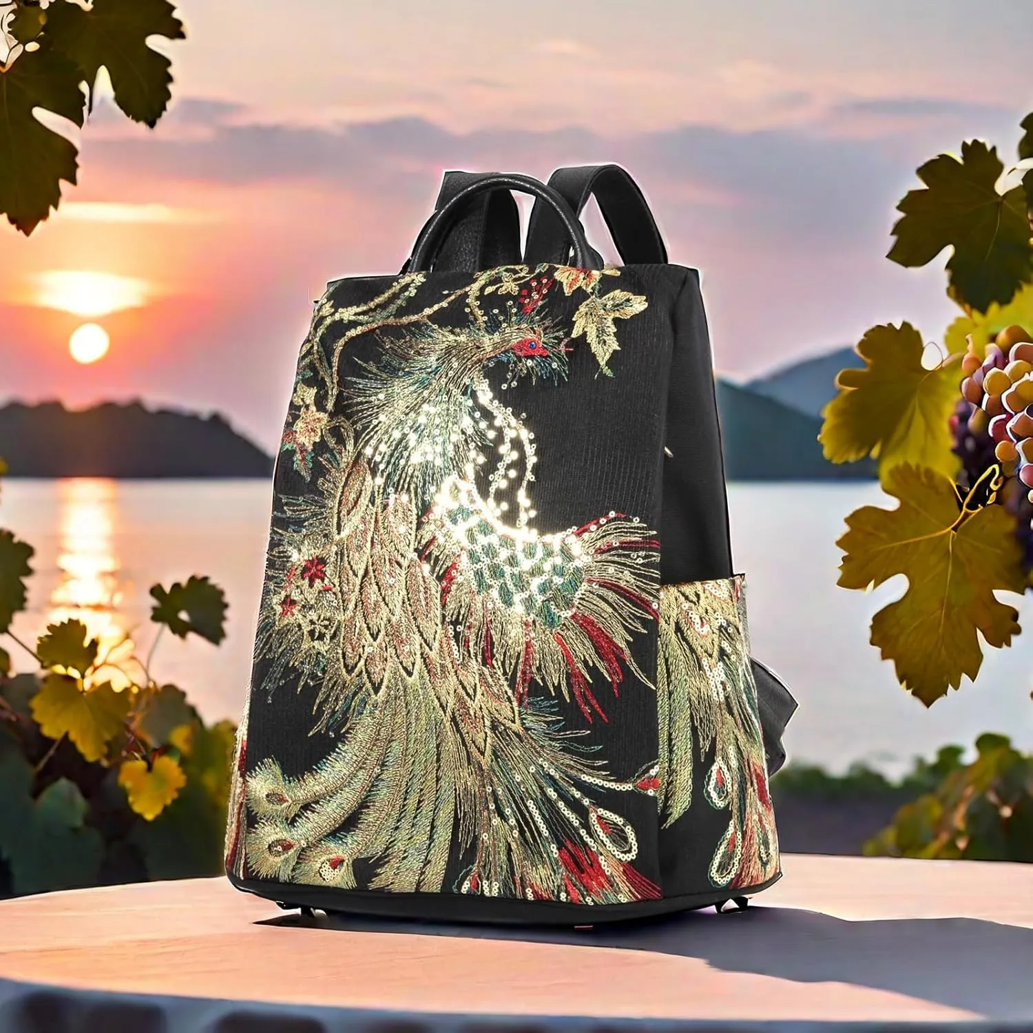 Glitter Embroidery Women Backpack Purse, Fashion Canvas Travel Anti-theft Rucksack Shoulder Bag (Black)