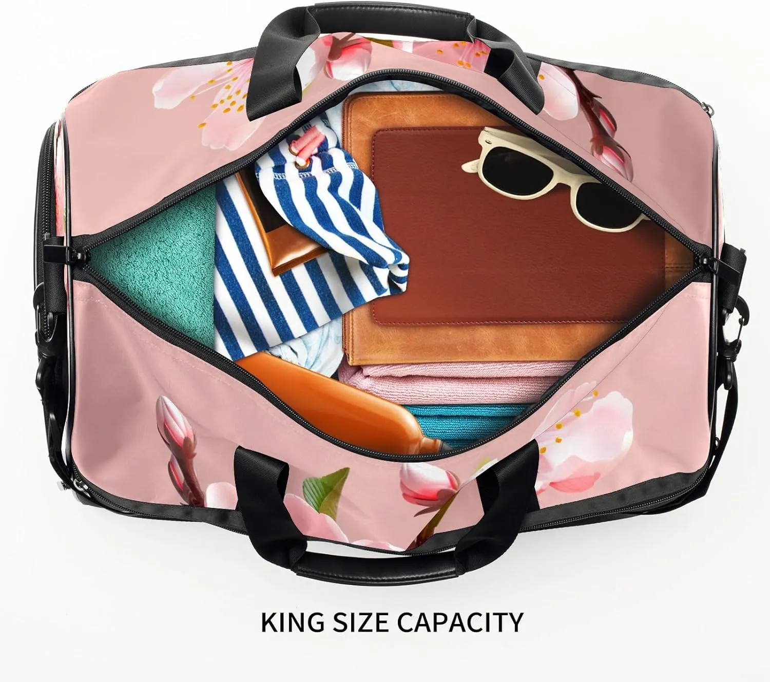 Gym Bag for Women Men, Yoga Bag with Shoe Pocket, Travel Duffel Tote Bag for Plane, Workout, Swimming, Weekend Overnight Bag Carry on Bag Hospital Holdalls, Gold Rose Peach Blossom - 3