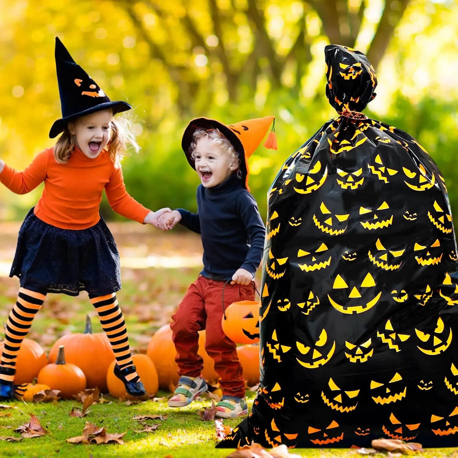 Halloween Extra Large Gift Bags Jumbo - Spooky Gift Bag for Big Presents - Black and Orange Giant Gift Bags Plastic - Jack-o-Lantern Lawn Leaf Garbage Trash Bags Huge - Over Size, 36 x 56 inches (2 pcs)