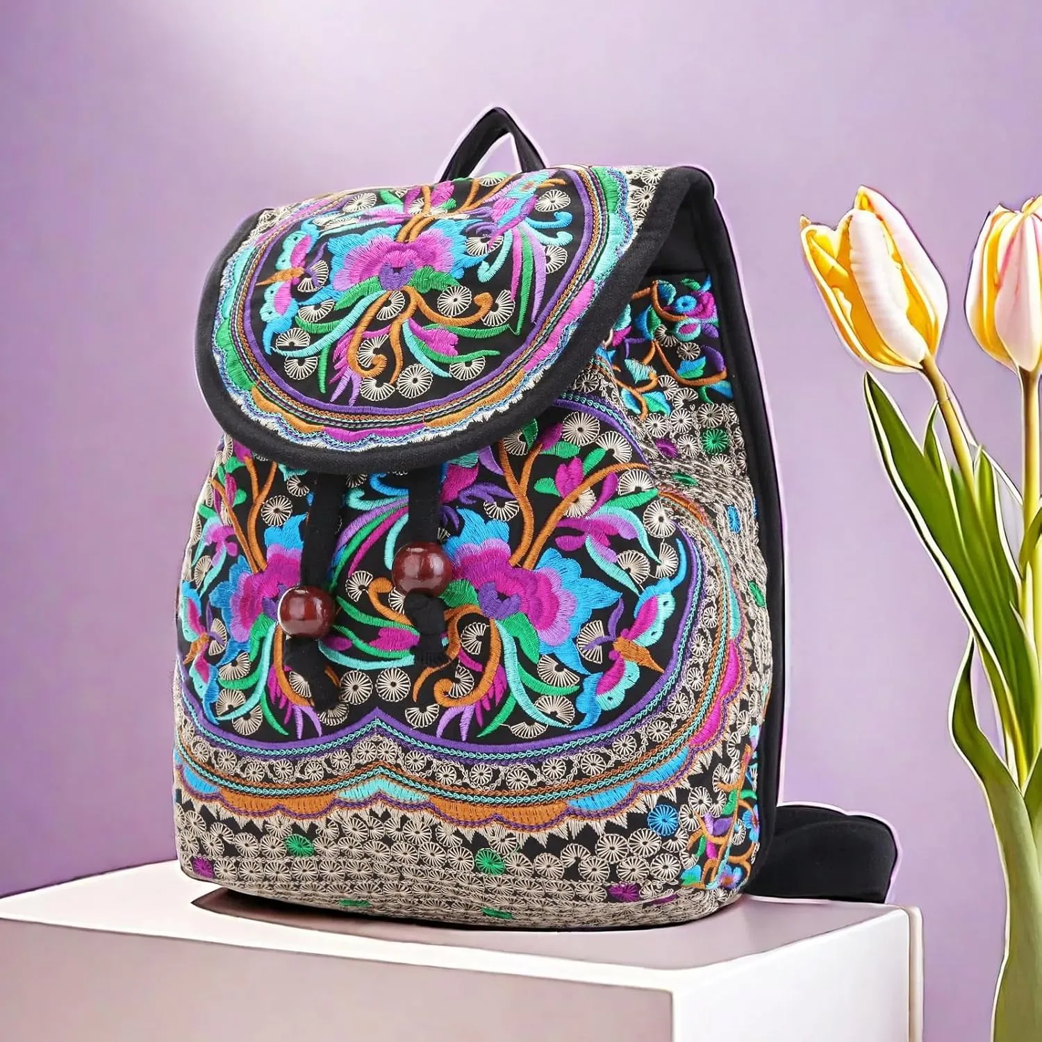 Jursccu Embroidery Backpack Purse for Women Vintage Handbag Small Drawstring Casual Travel Shoulder Bag Daypack Pink Blue Flowers