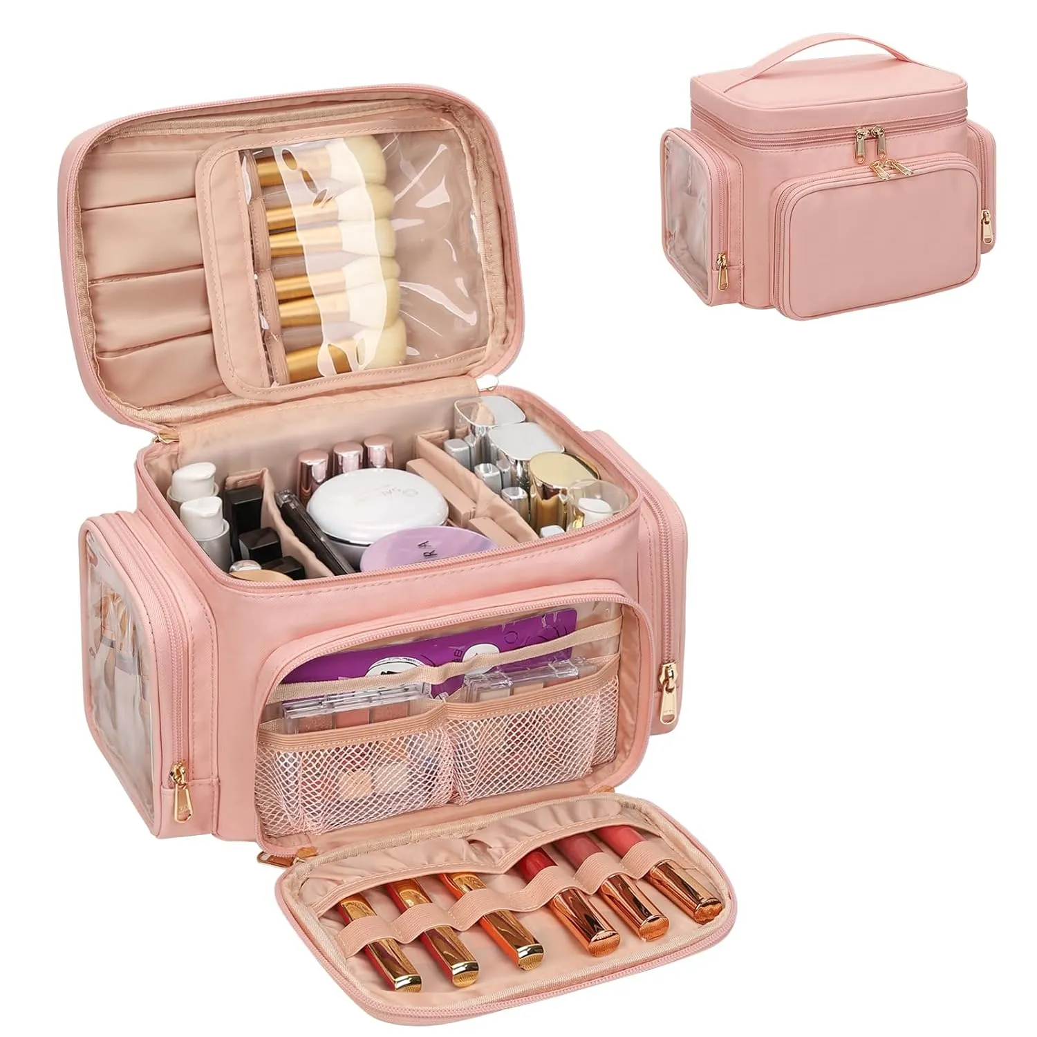 Large Makeup Bag, Portable Travel Makeup Bag Organizer for Women Girls with Makeup Brush Compartment & Two Side Pockets, Cosmetic Travel Bag Vertical Storage Toiletry - Pink