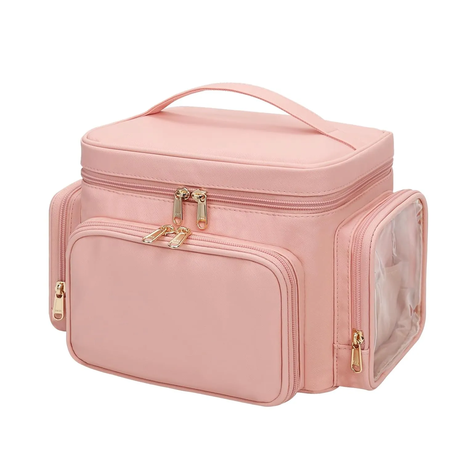 Large Makeup Bag, Portable Travel Makeup Bag Organizer for Women Girls with Makeup Brush Compartment & Two Side Pockets, Cosmetic Travel Bag Vertical Storage Toiletry - Pink