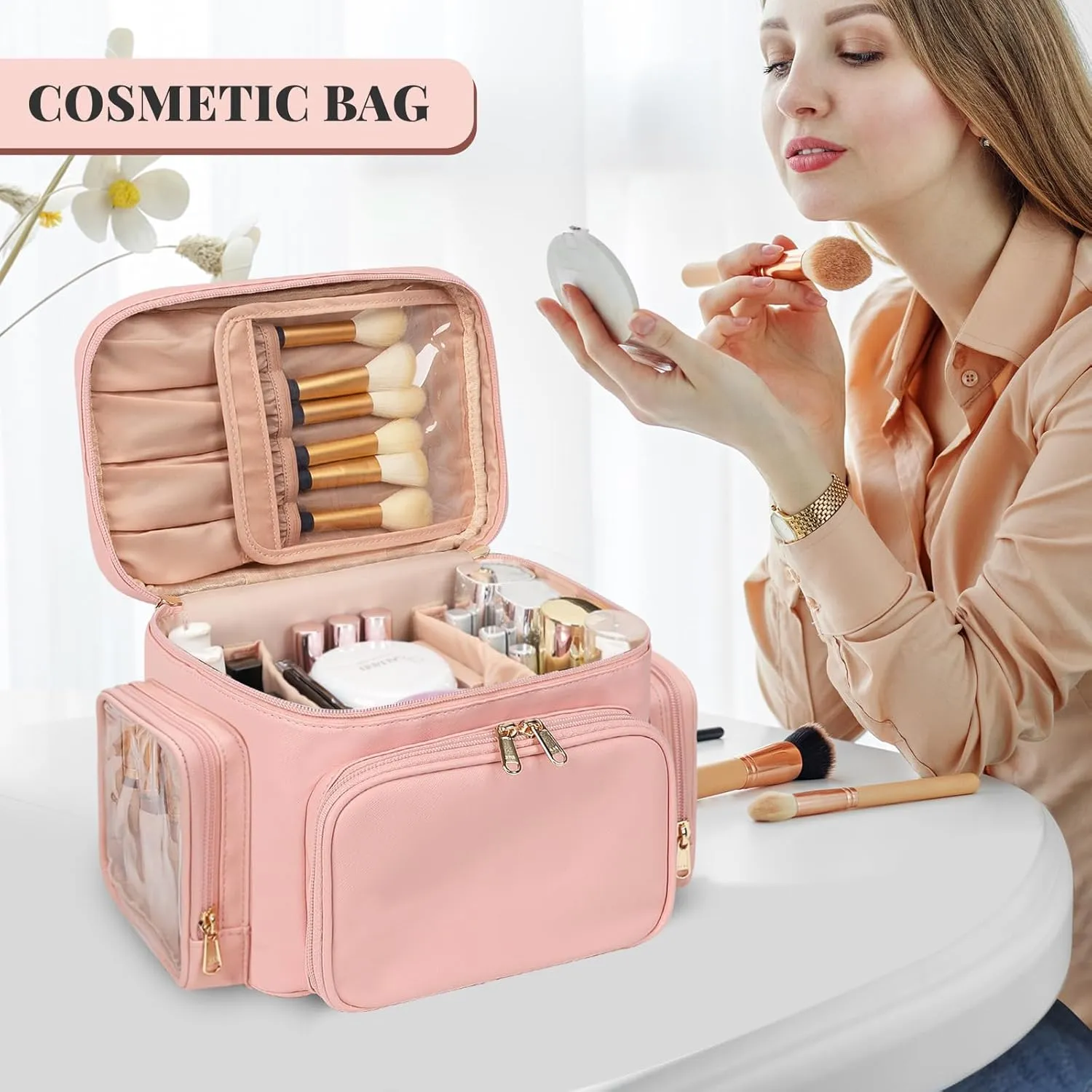 Large Makeup Bag, Portable Travel Makeup Bag Organizer for Women Girls with Makeup Brush Compartment & Two Side Pockets, Cosmetic Travel Bag Vertical Storage Toiletry - Pink