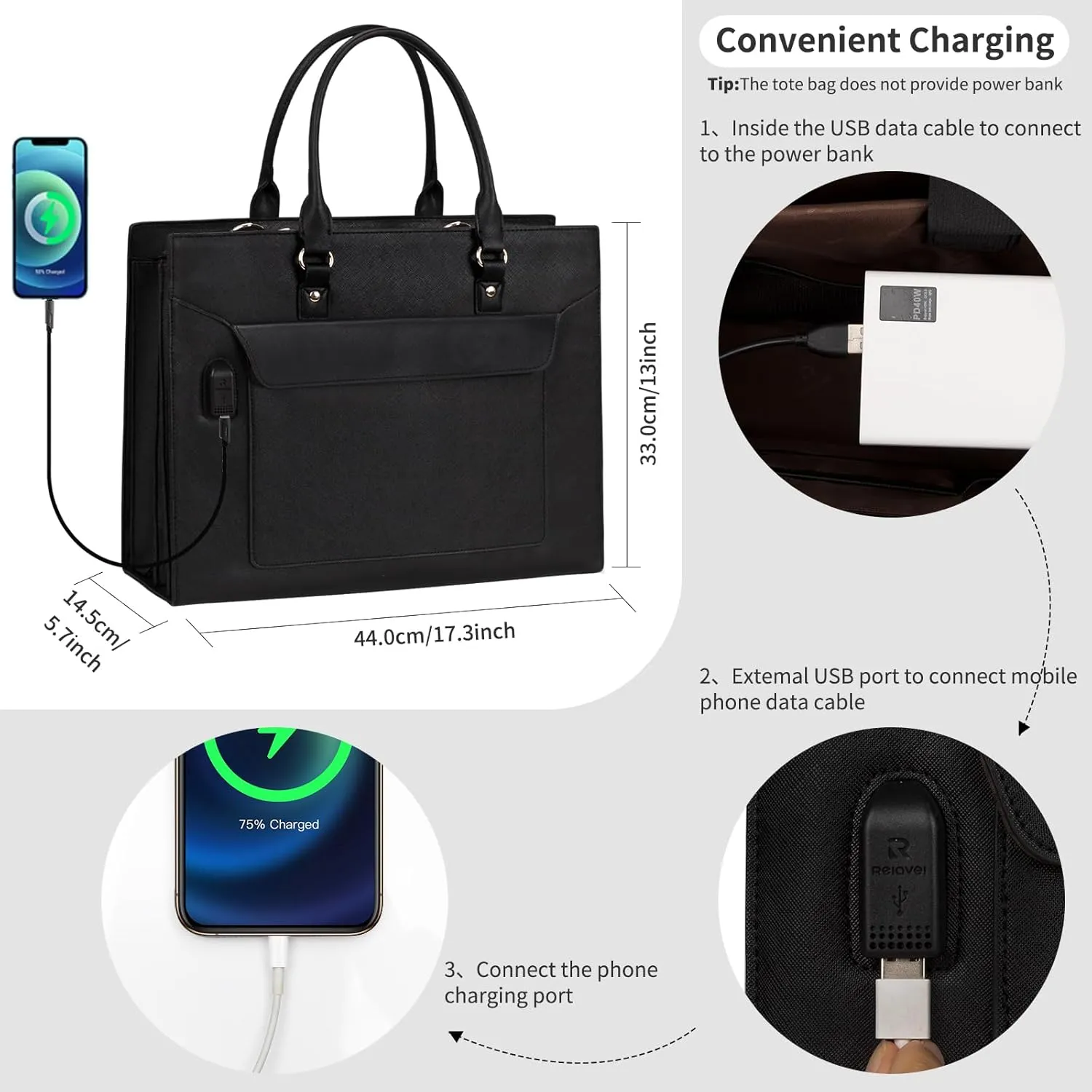 Leather Laptop Bag for Women - 17 Inch Briefcase with USB Port, Large Capacity Computer Tote, Business & Office Bag