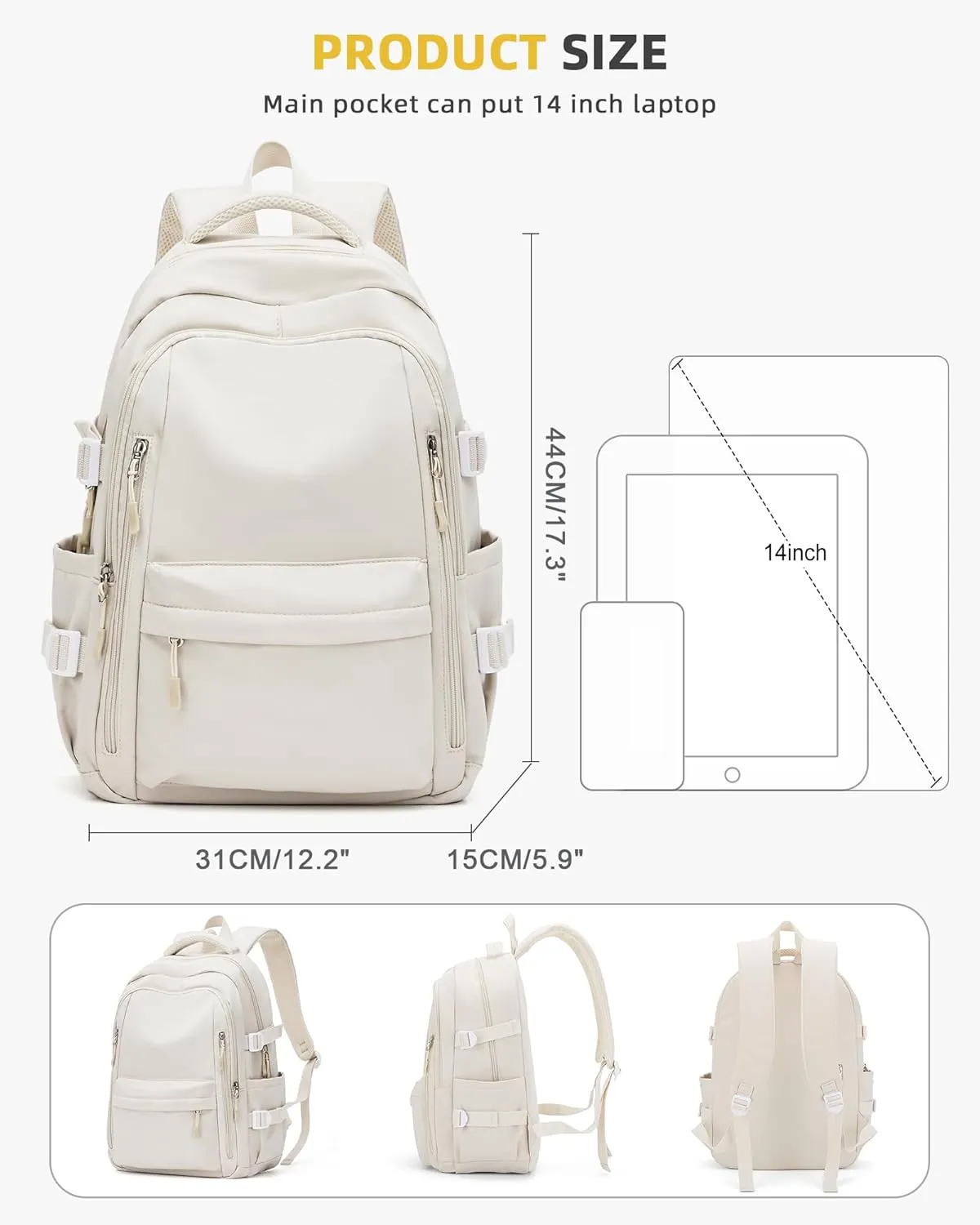 Lightweight Backpack for Women, Large Laptop Travel Backpack Casual Daypack College Bag Rucksack for Men. Beige