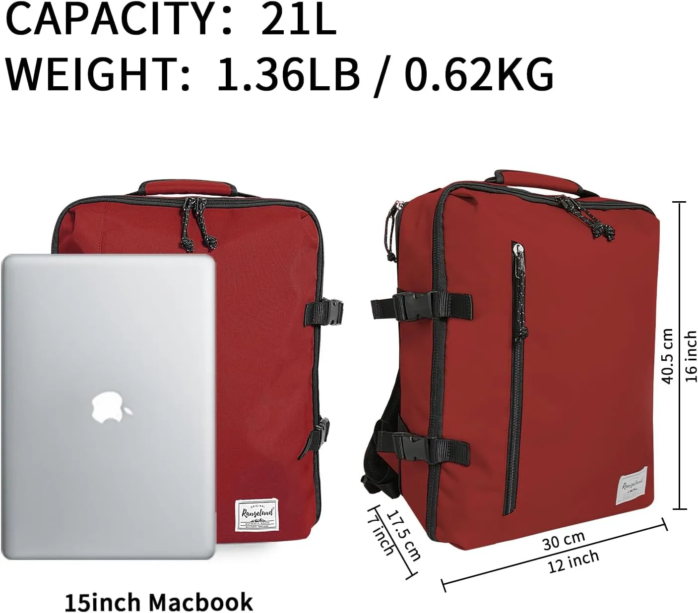 Lightweight Under-seat Backpack for Clothes Travel Overnight Women Men, 15.6 Laptop Minimalist Backpack, Stylish and Casual, Red