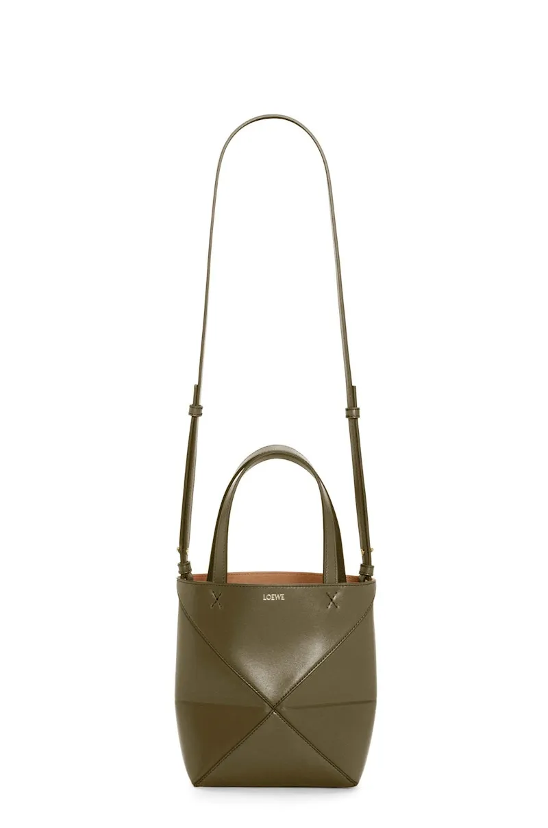 Loewe Mini Puzzle Fold Tote In Shiny Calfskin Dark Khaki Green