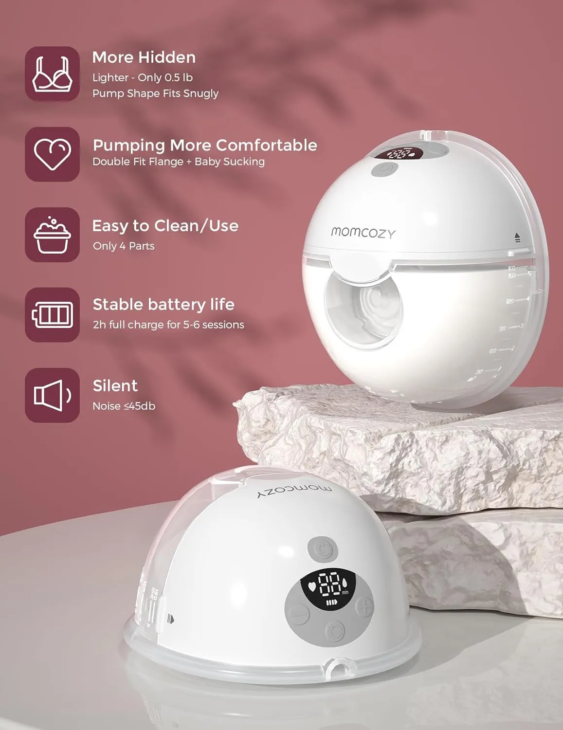 Momcozy M5 Hands-Free Wearable Breast Pump, Double-Sealed Flange for Baby-Like Comfort, 3 Modes & 9 Suction Levels, Portable Electric Pump  24mm, 2-Pack Quill Gray
