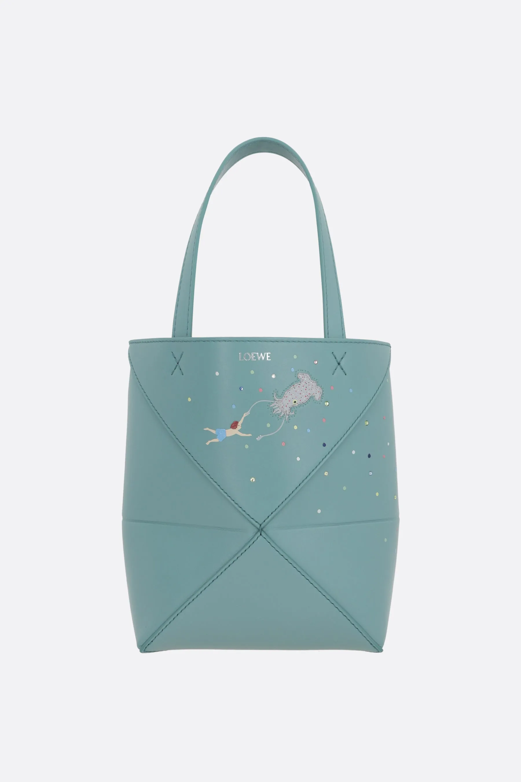 Puzzle Fold Graphic Print Leather Tote