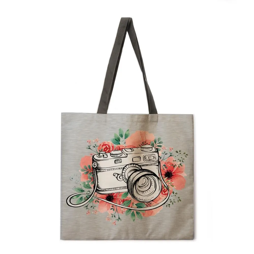 Retro camera theme linen tote bag beach bag ladies shoulder bag foldable shopping bag reusable fashion bag