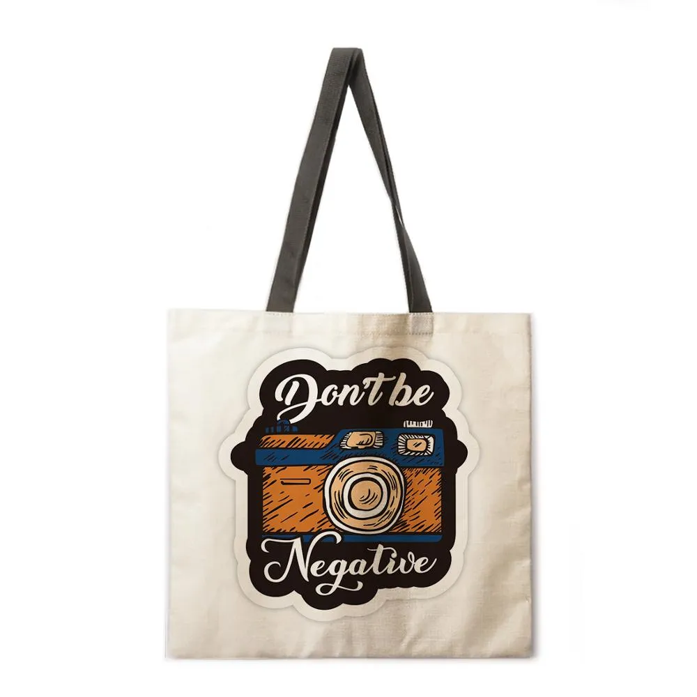 Retro camera theme linen tote bag beach bag ladies shoulder bag foldable shopping bag reusable fashion bag