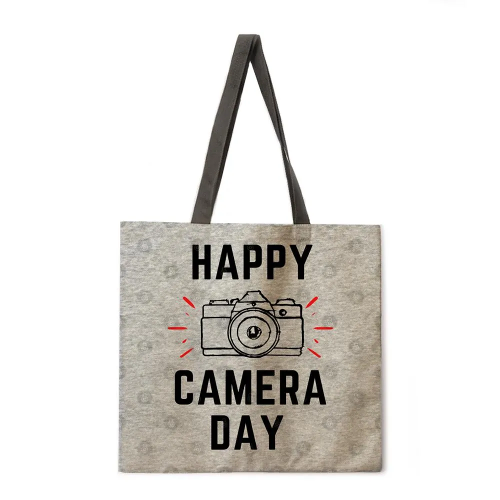 Retro camera theme linen tote bag beach bag ladies shoulder bag foldable shopping bag reusable fashion bag