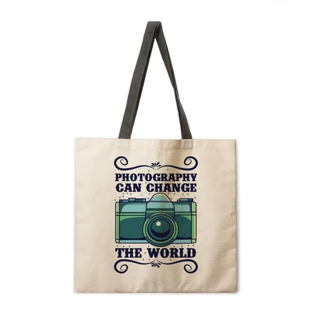 Retro camera theme linen tote bag beach bag ladies shoulder bag foldable shopping bag reusable fashion bag