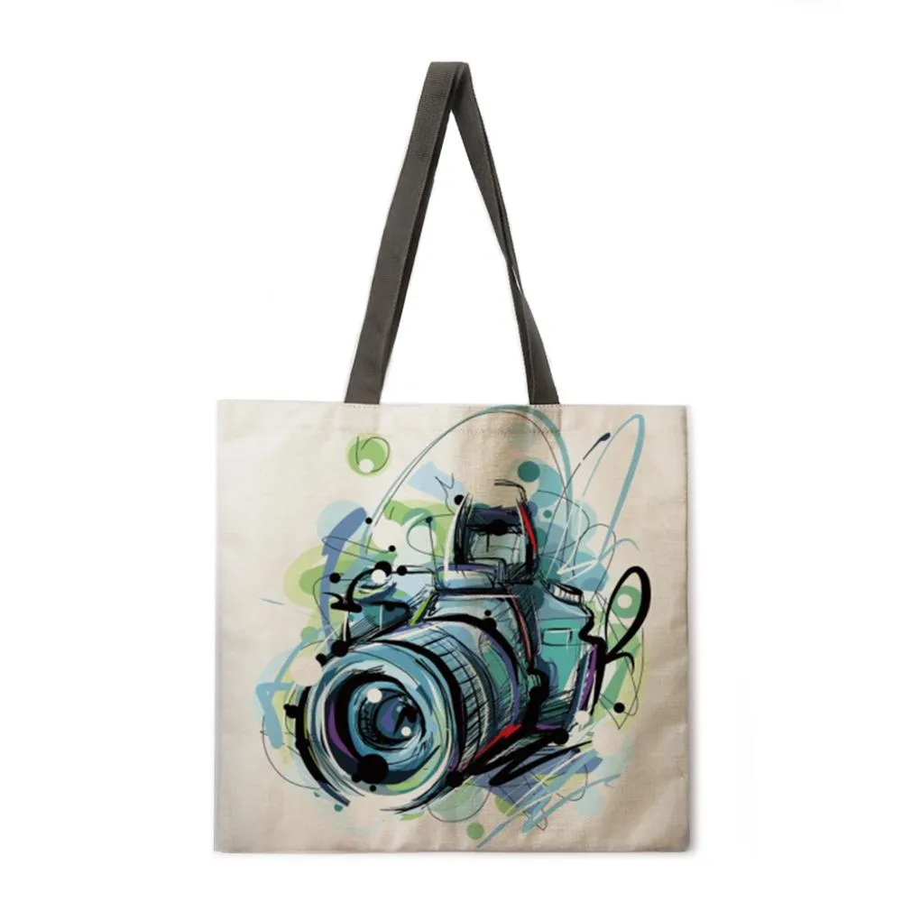 Retro camera theme linen tote bag beach bag ladies shoulder bag foldable shopping bag reusable fashion bag