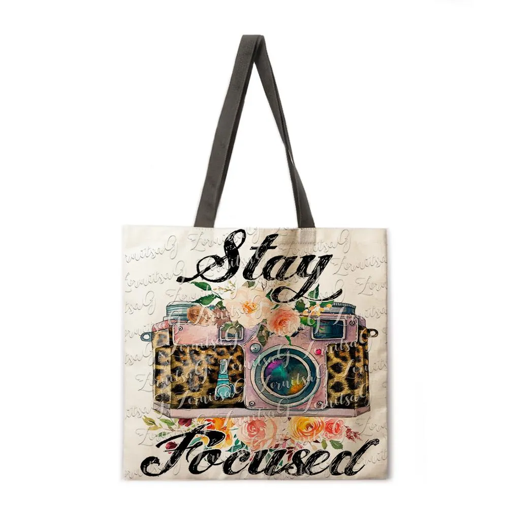 Retro camera theme linen tote bag beach bag ladies shoulder bag foldable shopping bag reusable fashion bag