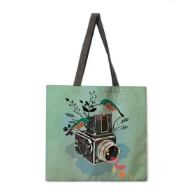 Retro camera theme linen tote bag beach bag ladies shoulder bag foldable shopping bag reusable fashion bag